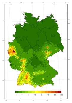 Geschätzte Verteilung des seismischen Risikos (Millionen Euro) in den Gemeinden für eine Nichtüberschreitenswahrscheinlichkeit von 90% in 50 Jahren.