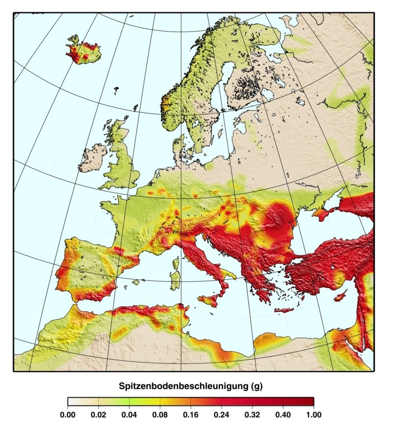 GSHAP-Karte der Spitzenbodenbeschleunigung für eine 90%-ige Nichtüberschreitenswahrscheinlichkeit in 50 Jahren. Daten in Grünthal et al. (1999b).