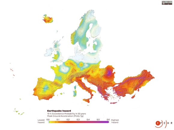 Map of Europe in which areas with a high earthquake risk are marked in red.