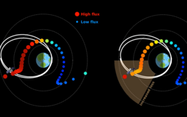 Graphic visualises the flow of electrons around the Earth - in different colours depending on the strength. Comparison of new and old modelling.