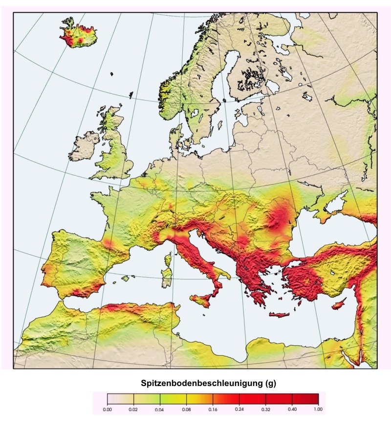 SESAME-Karte (Jimenez, Giardini und Grünthal, 2003) der Spitzenbodenbeschleunigung für eine 90%-ige Nichtüberschreitenswahrscheinlichkeit in 50 Jahren.