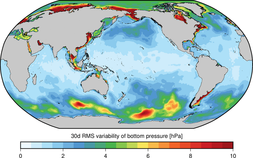 Hochfrequente Schwereanomalien aufgrund der allgemeinen ozeanischen  Zirkulation simuliert mit dem numerischen Modell MPIOM am GFZ. Die Daten sind Teil des atmosphärisch-ozeanischen Hintergrund-Modells AOD1B der Schwerefeldsatellitenmissionen GRACE und GRACE-FO.