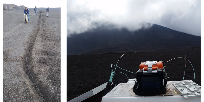 Left: People lay the fibre optic cable from a reel in the excavated, around 20 centimetre deep trench in the cinder field of the volcano. Right: The splicer, a device for coupling individual fibre optic strands. In the background, the cloud-covered mountain.