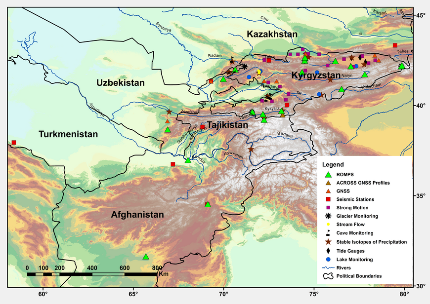 [Translate to English:] Karte Zentralsiens (Tajikistan und Kirgisistan) mit dem Stationsnetzwerk