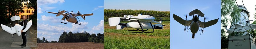 Mittels Schwenkrotoren angetriebenes senkrechtstartendes Tragflächen-UAV "Wingcopter 178 Heavy Lift" am Boden bzw. bei Erprobungs- und Messflügen mit Sensorik zur Bestimmung des Treibhausgas-Austausches zwischen Erde und Atmosphäre
