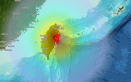 Colored representation of earthquake intensity on a map of the Taiwan region.