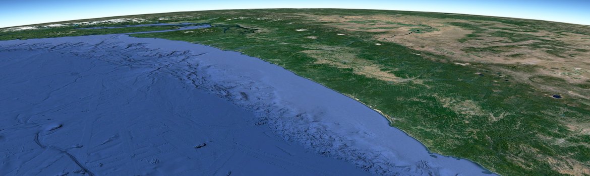 Topografische Darstellung eines Streifens an der Nordamerikanischen Westküste mit Meer- und Landbereichen: südliches Kanada und nördliche USA.
