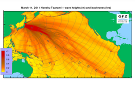 Wave heights and isochrones of the Honshu Tsunami. Printable resolution (Image: Andrey Babeyko,