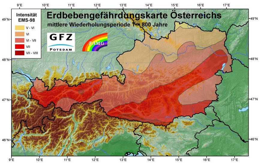 Seismic hazard map for Austria with a mean return period of T = 800 years for 50%-fractile, in terms of macroseismic intensities.