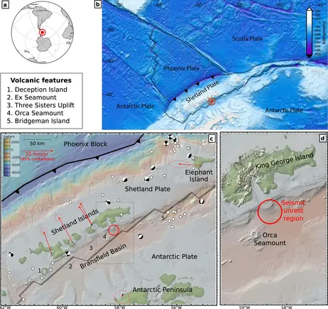 Mehrere Karten zur Illustration der Erdbebenzone vor der Antarktis.