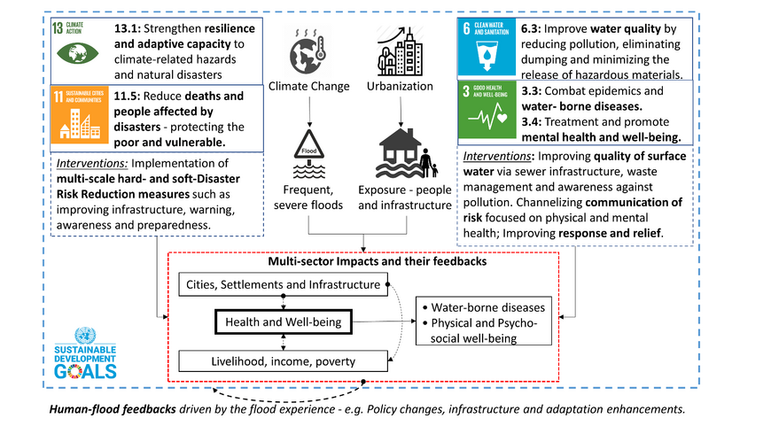 Schematic of the Flood–Human-health system under climate change and urbanization along with potential adaptation interventions that contribute to achieving a set of key UN SDGs.