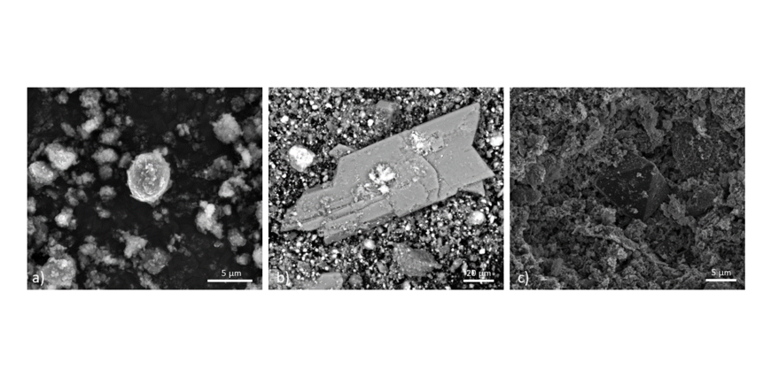 SEM images of some of the Fe (oxyhydr)oxides and sulfates studied in this work (a - aggregate of hematite, b - gypsum, c - alunite).