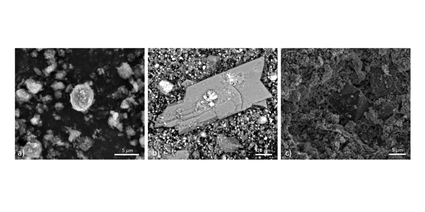 SEM images of some of the Fe (oxyhydr)oxides and sulfates studied in this work (a - aggregate of hematite, b - gypsum, c - alunite).