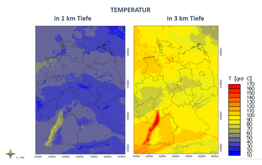2 Karten von Deutschland, die Temperaturen im Untergrund in gelb, rot (sehr hohe Temperaturen) und blau zeigen