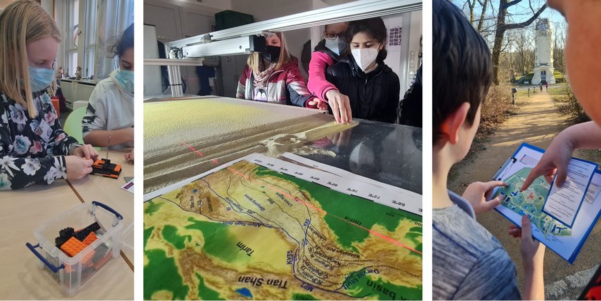 Left: Children build a device with Legos in the school laboratory. Middle: Children behind a glass box in which different coloured sand simulates the formation of mountains. Right: Children on the move on Telegrafenberg with a questionnaire, the Einstein Tower in the background.