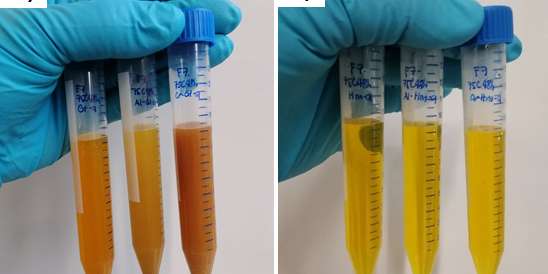 To optimize a sequential extraction procedure tailored for Cr partitioning in tropical Fe-rich soils and sediments, I performed a series of dissolution experiments using reference Cr-bearing Fe phases. Here, I used several reagents of varying concentrations and in different conditions (e.g. time, temperature) to find the most suitable extractant for my optimized method. For example, the figure shows the mineral references reacted with hydrochloric acid (a), highlighting their dissolution at different time frames: after 10 mins (b) and after 48 h (c). Compared to previous dissolution studies of Fe minerals using this acid, I have increased the dissolution extent and drastically reduced the dissolution time of pure and metal-substituted Fe phases.