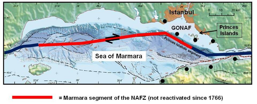 Bathymetric map of the Sea of Marmara (modified after Armijo et al., 2005). The more than 100 km long Marmara segment is located between the 1912 Ganos and 1999 Izmit ruptures. It has not been activated since 1766 and considered to host a M larger than 7 earthquake in the near future. The here proposed deep borehole observatory GONAF is located on the two outermost Prince Islands, Sivriada and Büyükada, in direct vicinity to the fault and close to the megacity of Istanbul with larger than 13 million inhabitants.