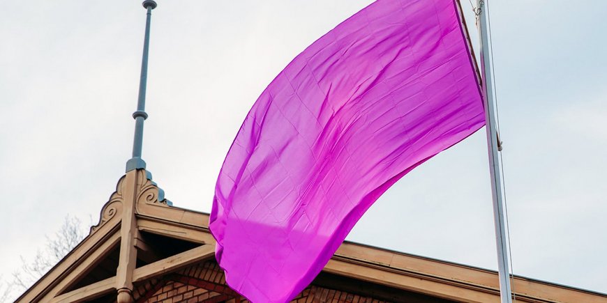 [Translate to English:] Lila Flagge wehend über einem Dachgiebel