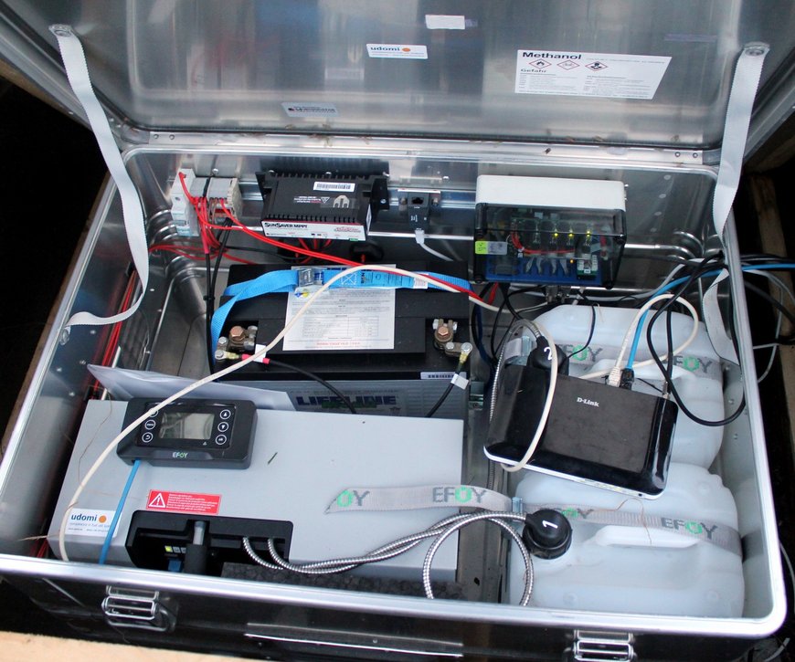 Fuel cell and battery for power supply are placed in one box, including computer and data communication infrastructure.