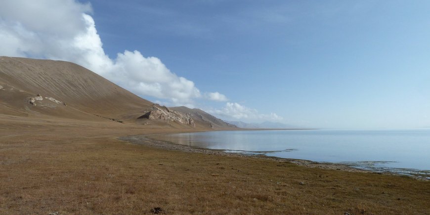 Chatyr-Kul (Tien Shan, Kirgisistan), Nördliches Ufer an dem silurisch-devonische Kalke hervortreten.