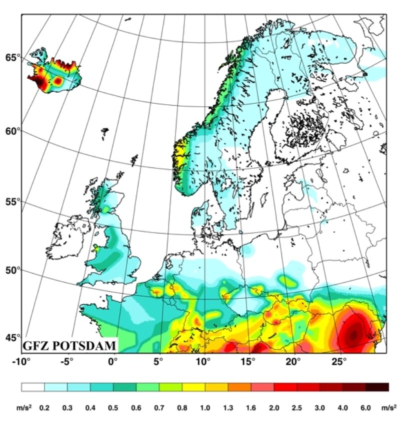 GSHAP-Region 3 - Karte der Spitzenbodenbeschleunigung für eine 90%-ige Nichtüberschreitenswahrscheinlichkeit in 50 Jahren (Grünthal et al., 1999a).