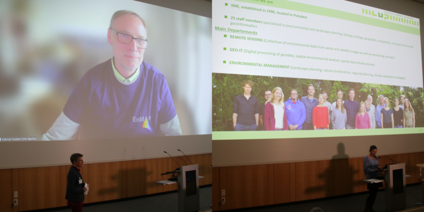 Left: Patrick Hostert is connected to the screen via zoom. Right: Annett Frick is standing at the lectern, the presentation of her company on the screen.