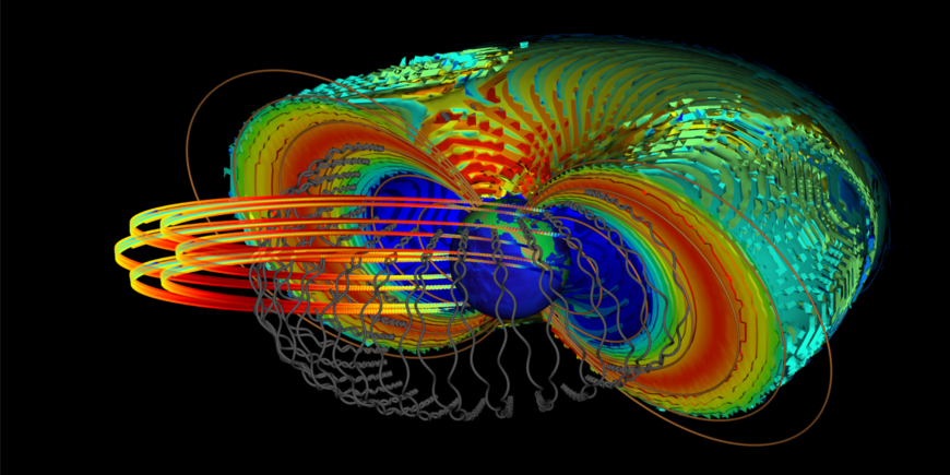 Against a black background, a colourful figure like half a donut: The contours in colour show the intensities of the donut-shaped radiation belts. The grey lines symbolise the trajectories of the relativistic electrons in the radiation belts.