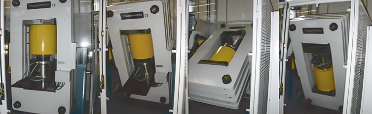 Four photos of the three-metre-high rotating large-capacity press: A yellow container in a rotating grey frame.