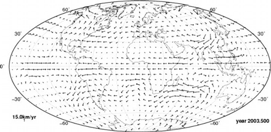 Karte der tangential-geostrophischen Fluidbewegungen an der Kernoberfläche