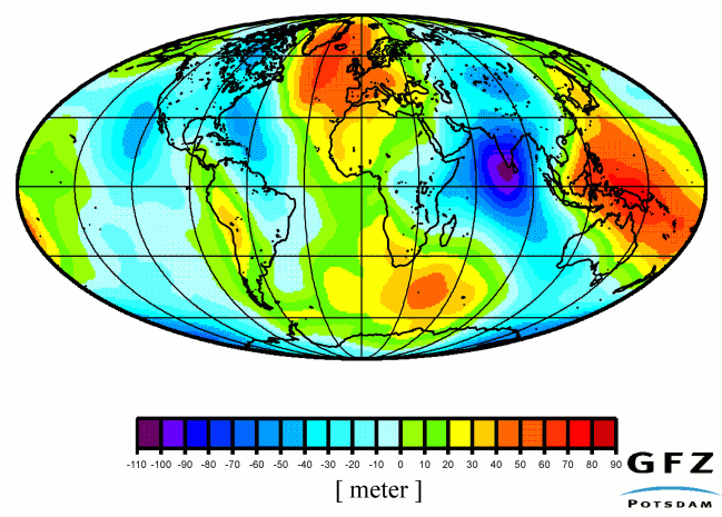 The GRIM5 - geoid: surface of equal gravitational potential w.r.t. a best fitting ellipsoid of revolution.