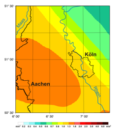 Seismische Gefährdung (PGA), für das Gebiet Köln/Aachen 2% Überschreitenswahrscheinlichkeit in 50 Jahren; Medianwerte für Fels