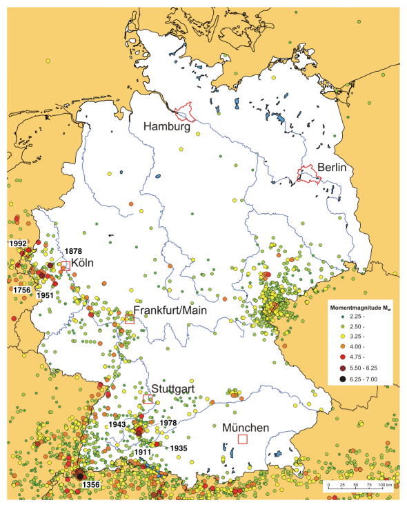 Earthquake epicentres in Germany and neighbouring areas in the time 1000-2001 (from Grünthal, 2003, based on data from Grünthal and Wahlström, 2003a, b).