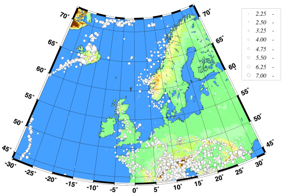 Bebentätigkeit in Europa nördlich des Mittelmeerraumes, nach Westen ergänzt bis zum mittelatlantischen Rücken, nach Grünthal und Wahlström (2003).