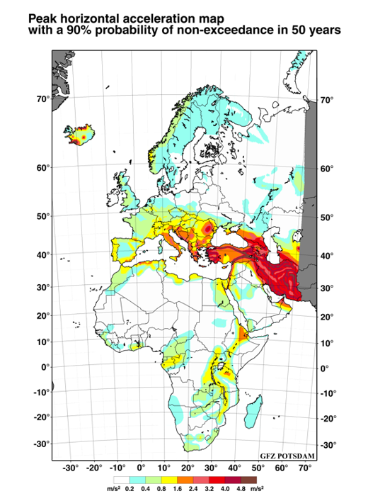 Peak horizontal acceleration map with a 90% probability of non-exceedence within 50 years for Europe, Africa, Near and Middle East